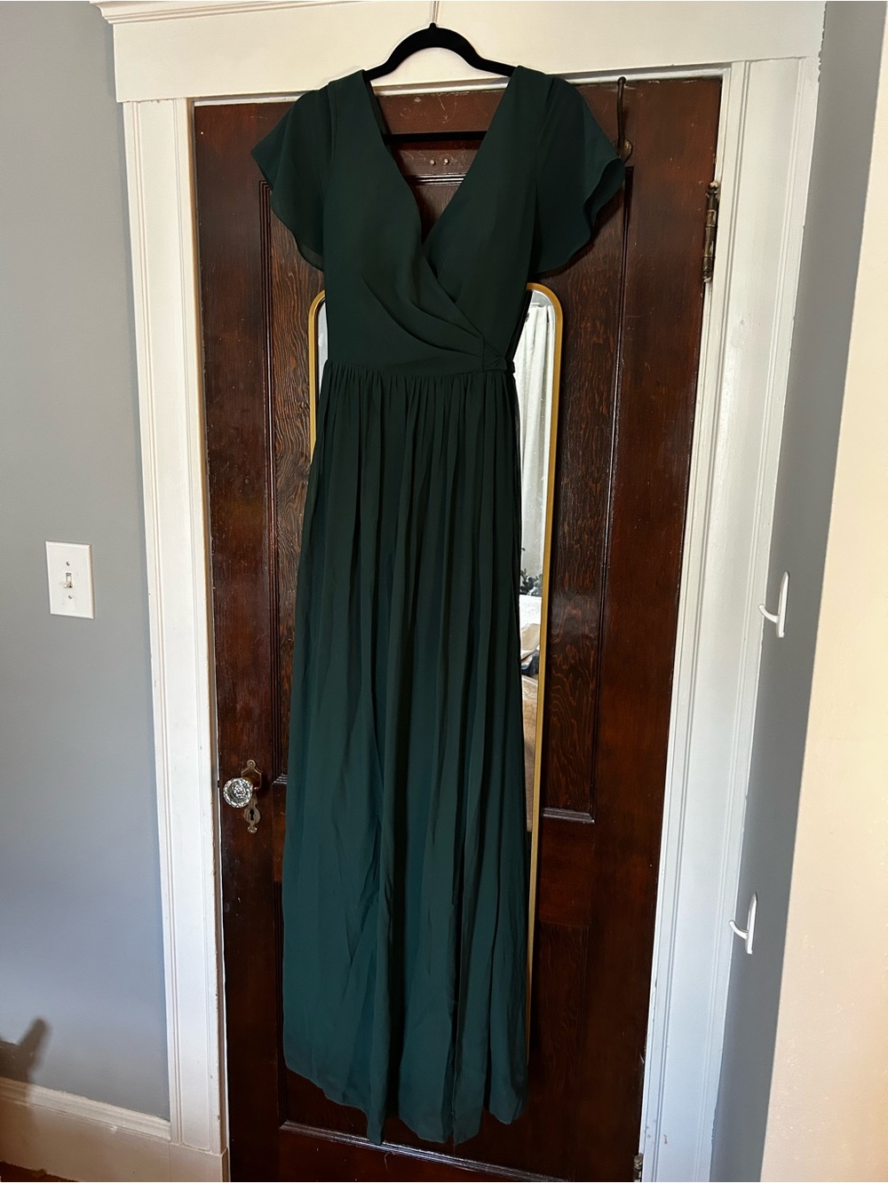 Revelry Harper Chiffon Faux Wrap Dress in Classic Emerald Green